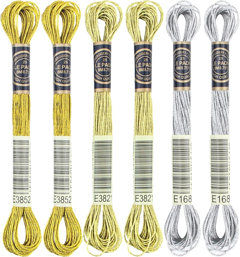 krastmon 6 Skeins Embroidery Thread, 3 Colors Metallic Embroidery Floss Set, Polyester Cross-Stitch Threads for Hand Embroidery, String Art - Image 1
